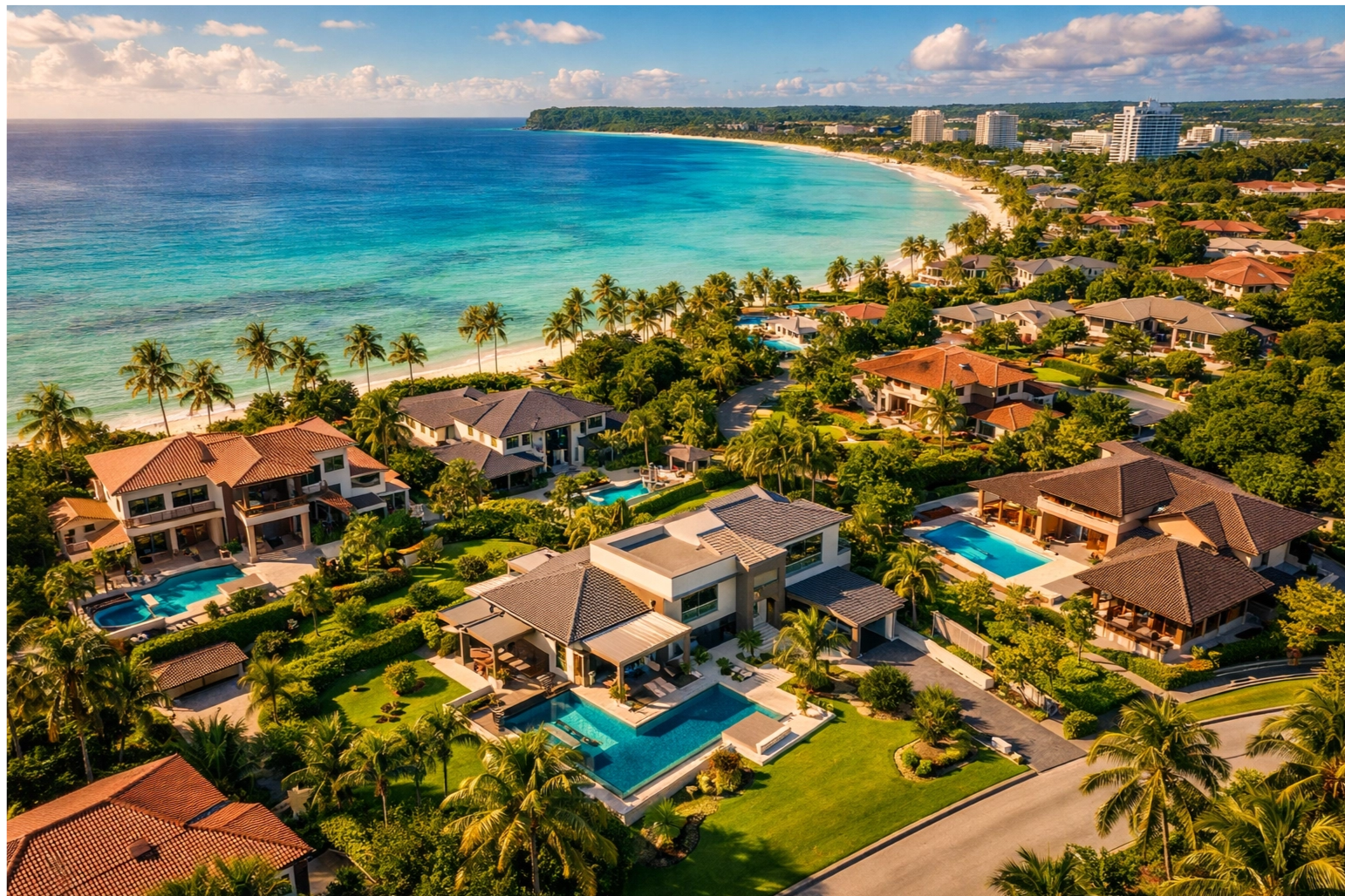 Aerial view of luxury residential properties with pools in Guam